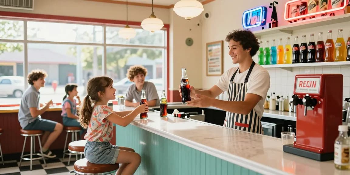 Enjoying cold glass bottle soda at a vintage soda shop.