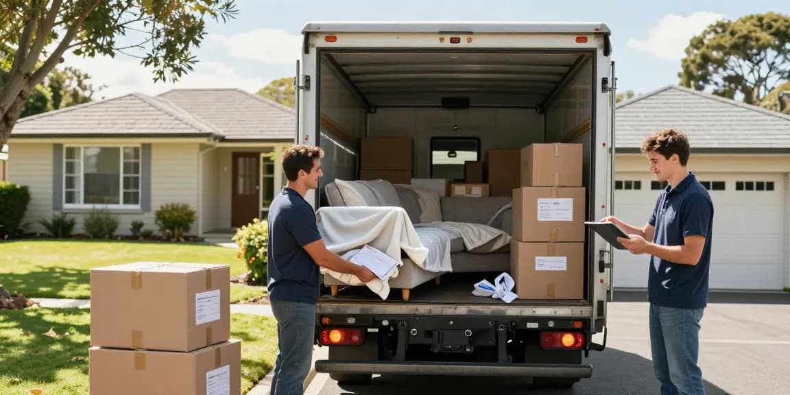 House moving Tauranga – professional movers packing furniture safely, creating a stress-free moving experience in a sunny suburban environment.