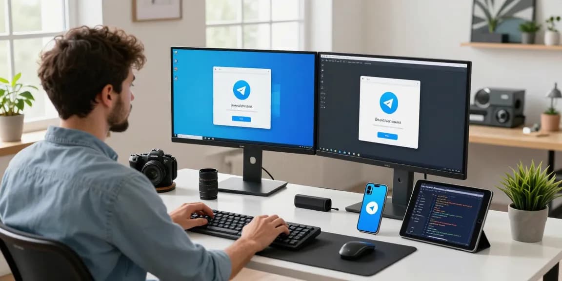 Engaging workspace for Telegram Download preparation, showcasing a developer using dual monitors, tech gadgets, and natural light.