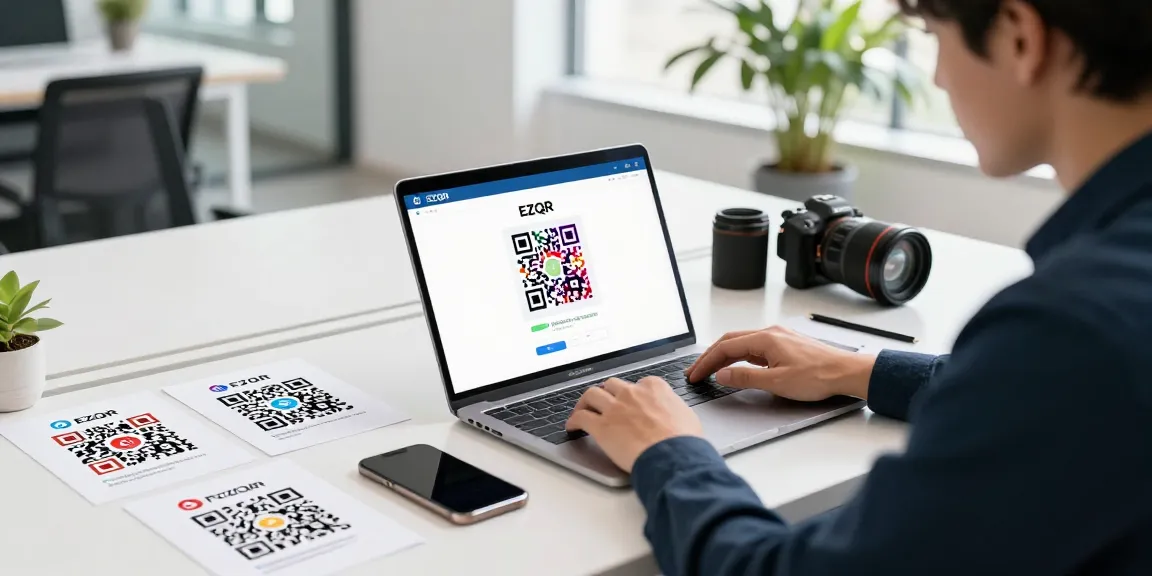 A professional using the Free QR Code Generator on a laptop, surrounded by vibrant custom QR codes and analytics tools in a bright office.