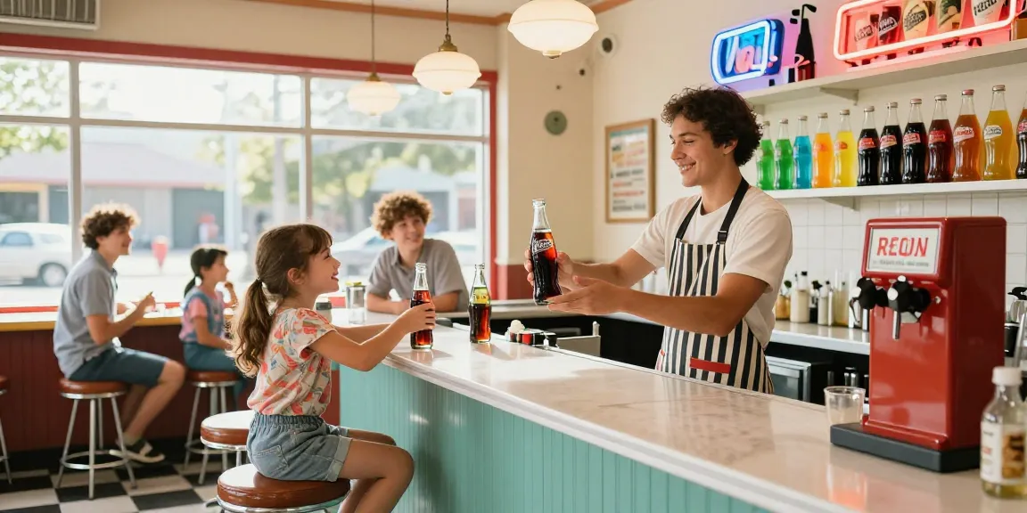 Enjoying cold glass bottle soda at a vintage soda shop.