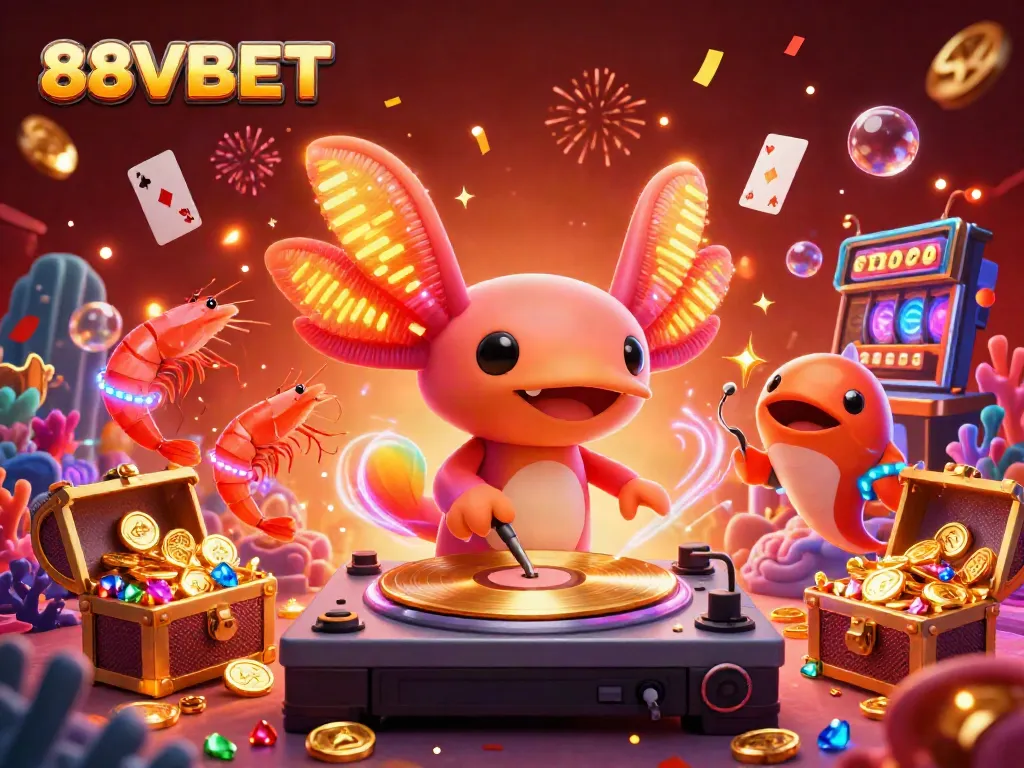 Engage with the vibrant 88VBET underwater casino scene featuring a DJ axolotl and a crew of lively sea creatures.