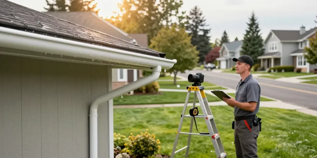 Spokane gutters showcased on a beautifully maintained home exterior with a professional inspector ensuring quality installation.