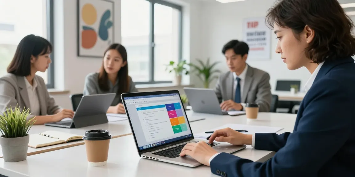 Dynamic workplace scene showcasing WPS Official Website productivity with a team reviewing a presentation on modern laptops and digital devices.