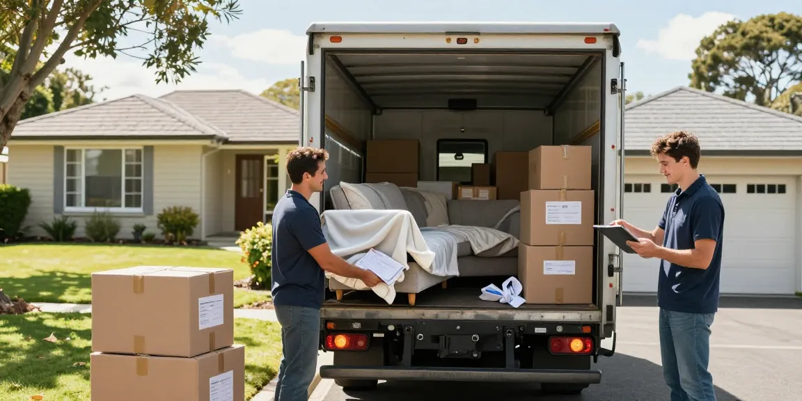 House moving Tauranga – professional movers packing furniture safely, creating a stress-free moving experience in a sunny suburban environment.
