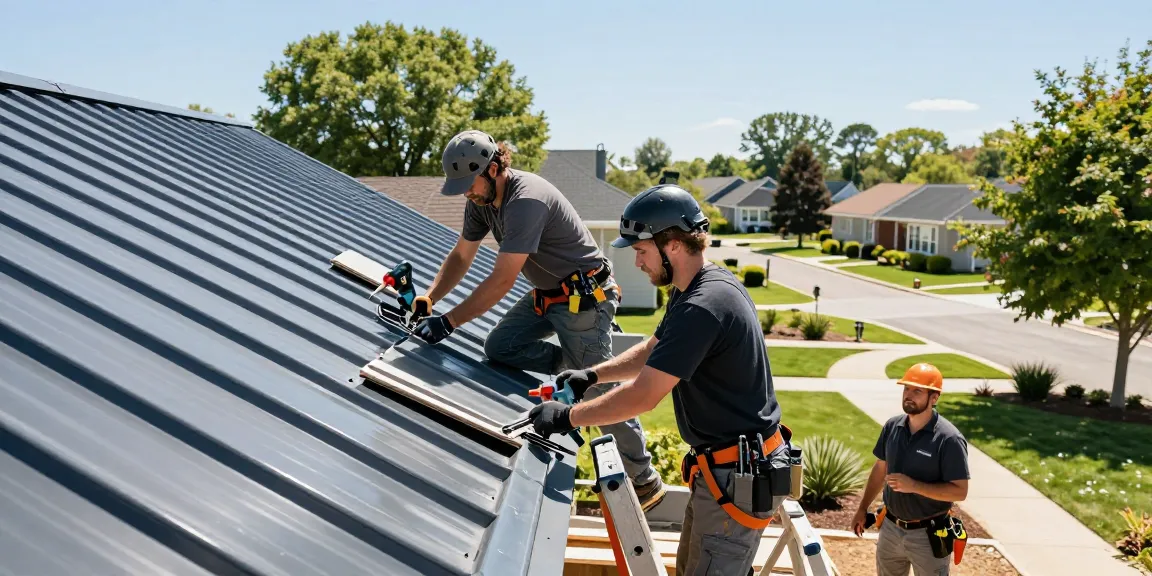 Metal roof contractors installing high-quality standing seam roofing on a suburban home, showcasing professionalism and craftsmanship.