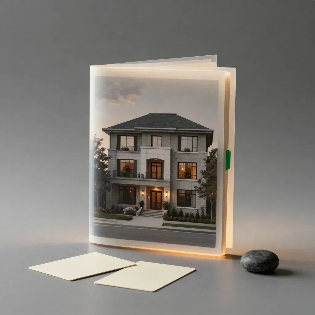 Floating Toronto luxury home report folio with vellum, cards, and paperweight in mist-gray light