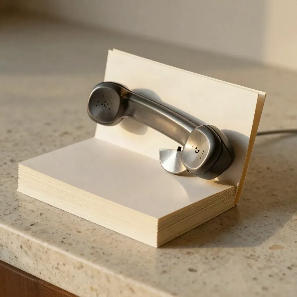 Close-up of a buyer-call appointment kit with card stack, handset, timer disc and paper sleeve.