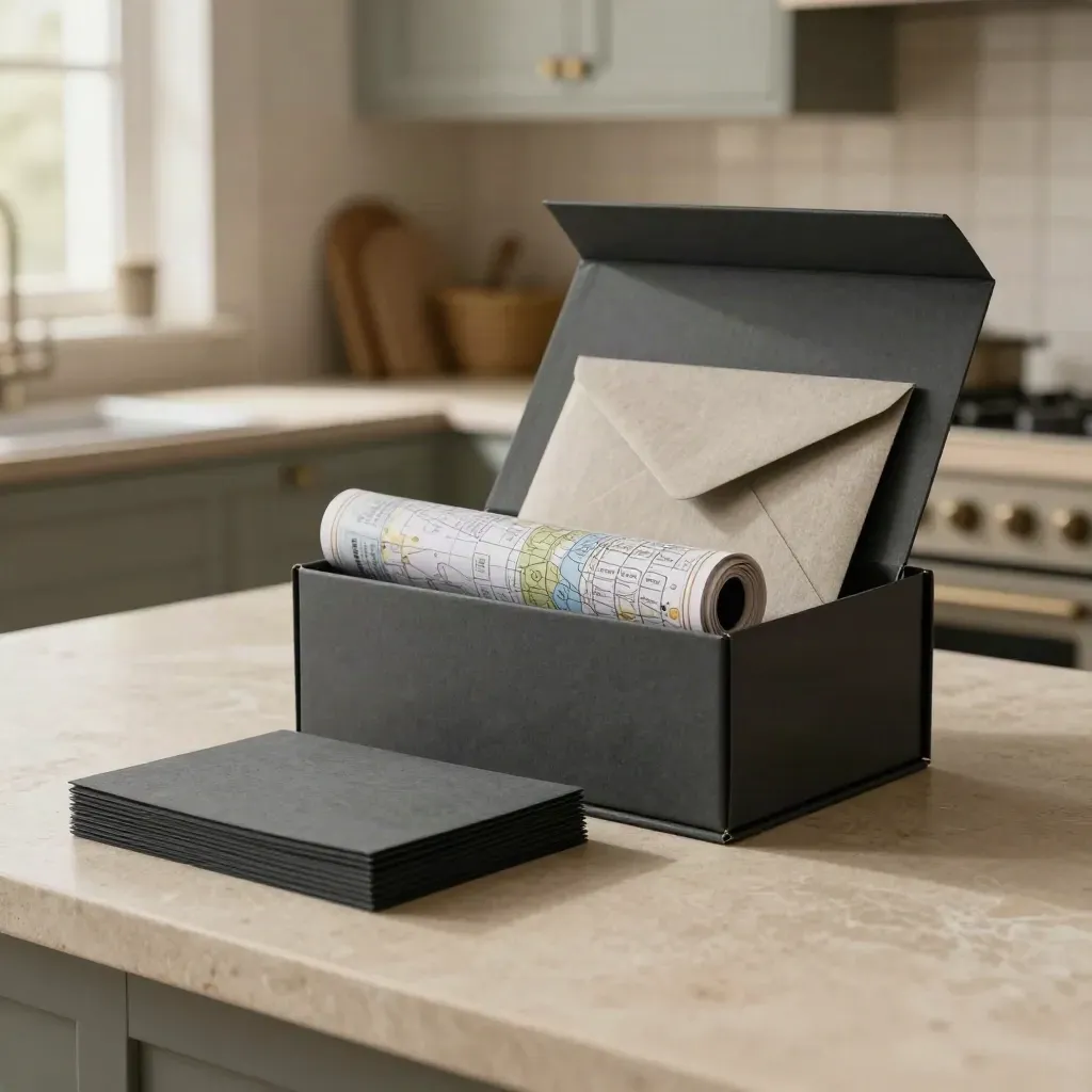 Charcoal seller launch box, print sleeves, tube and linen envelope on a pale kitchen island