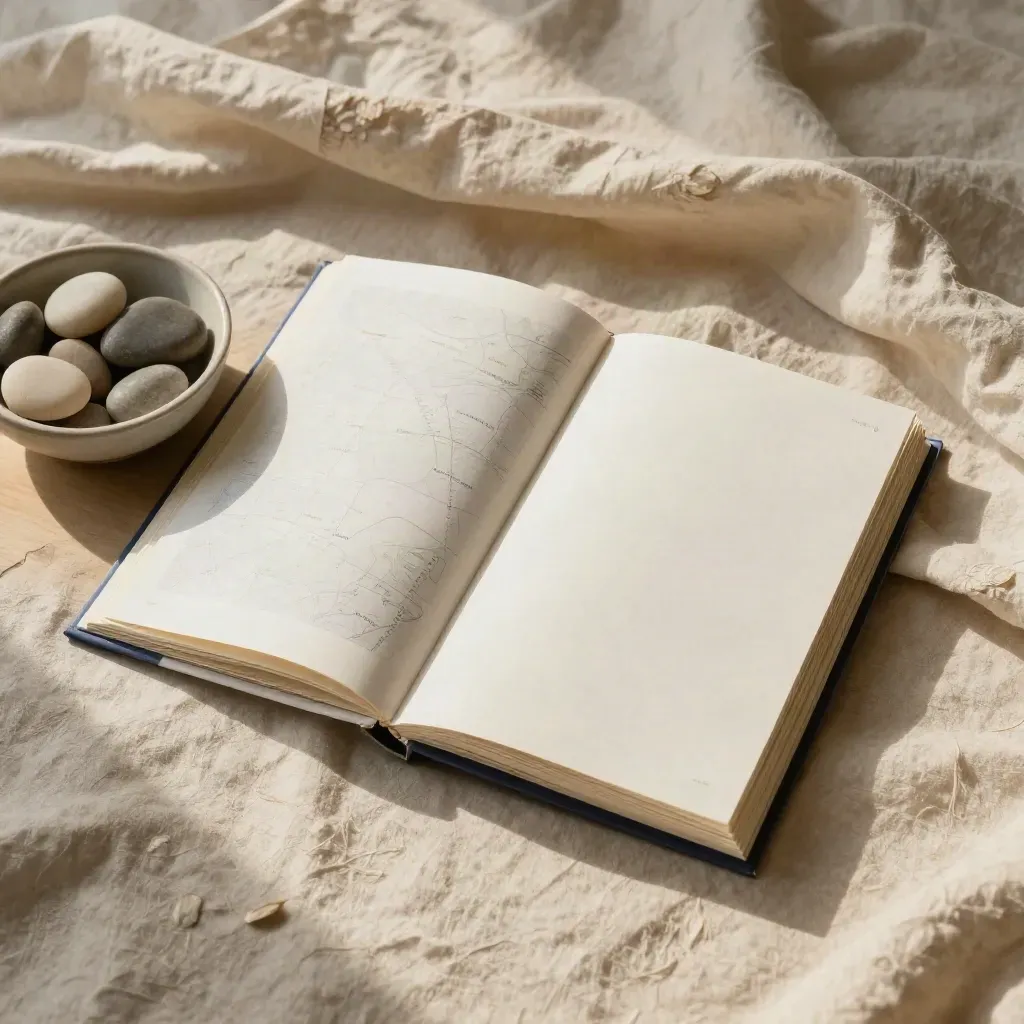 Overhead cream home guide packet with map, photo prints, linen, and stone bowl on pale wood