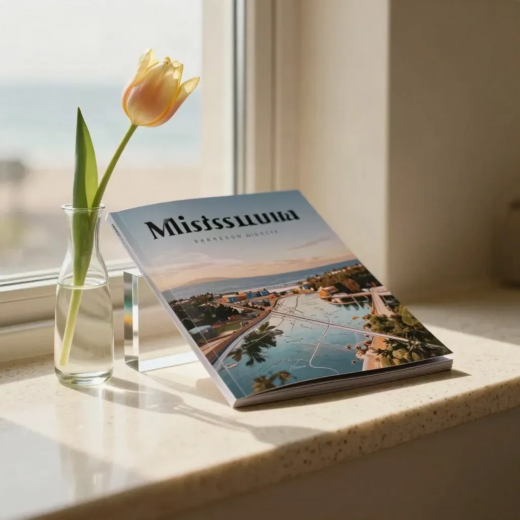 Glossy market booklet, acrylic block and tulip stem by a bright window on travertine.