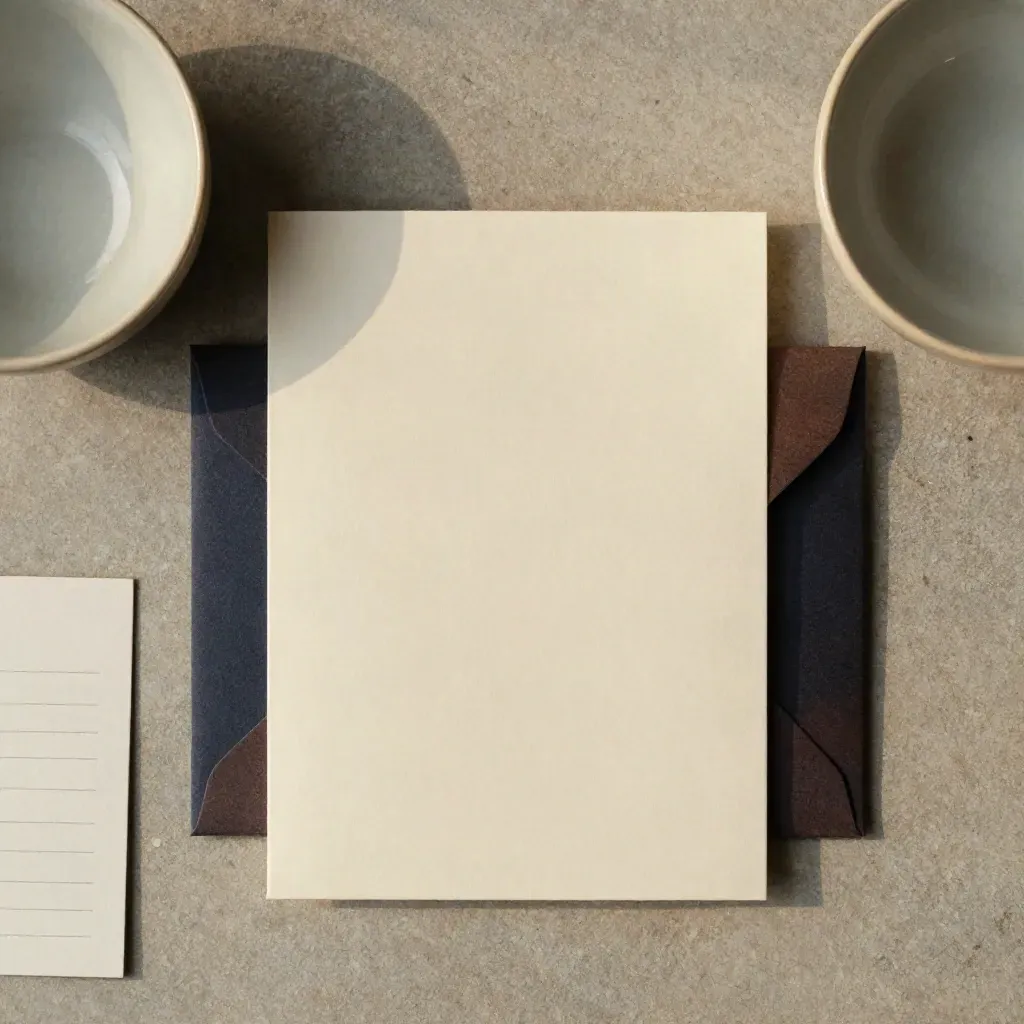 Offer-review packet flatlay with envelope, clipped card and ceramic bowl on a stone slab.