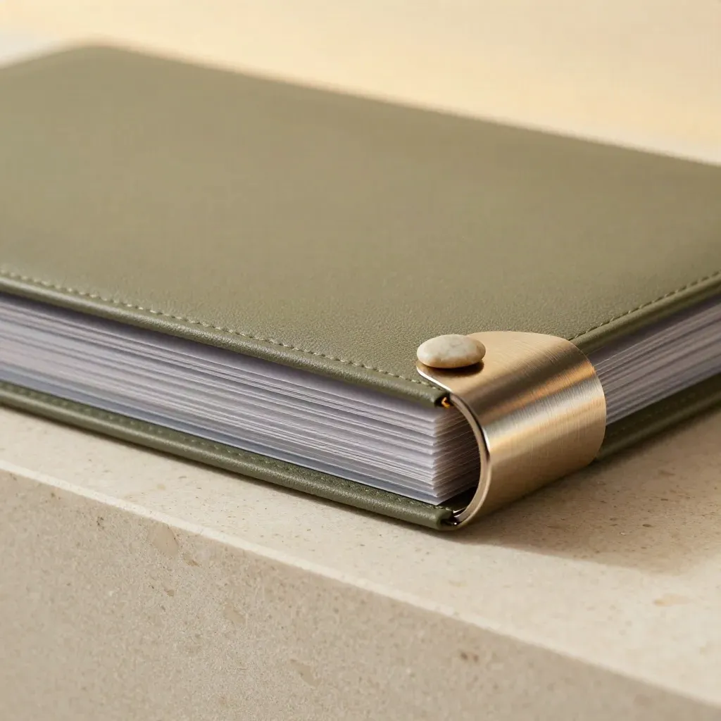 Close-up of a fanned house-hunt alerts folio with translucent tabs, clip and pebble on travertine.