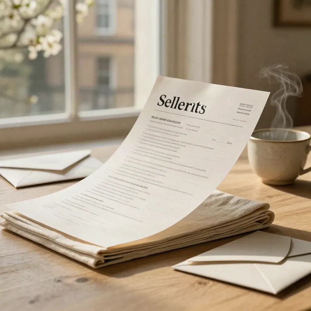 Luxury real estate packet with linen swatch, envelope and steaming ceramic cup on pale oak