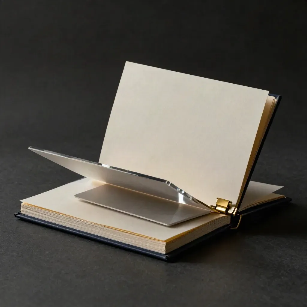 Folded investor rent sheet folio with brass clip and acrylic block in dramatic studio light.
