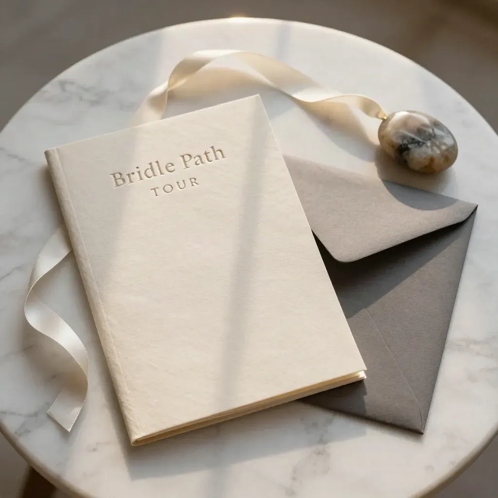 Overhead flatlay of a Bridle Path home tour folio, ribbon, sleeve and stone weight on marble.