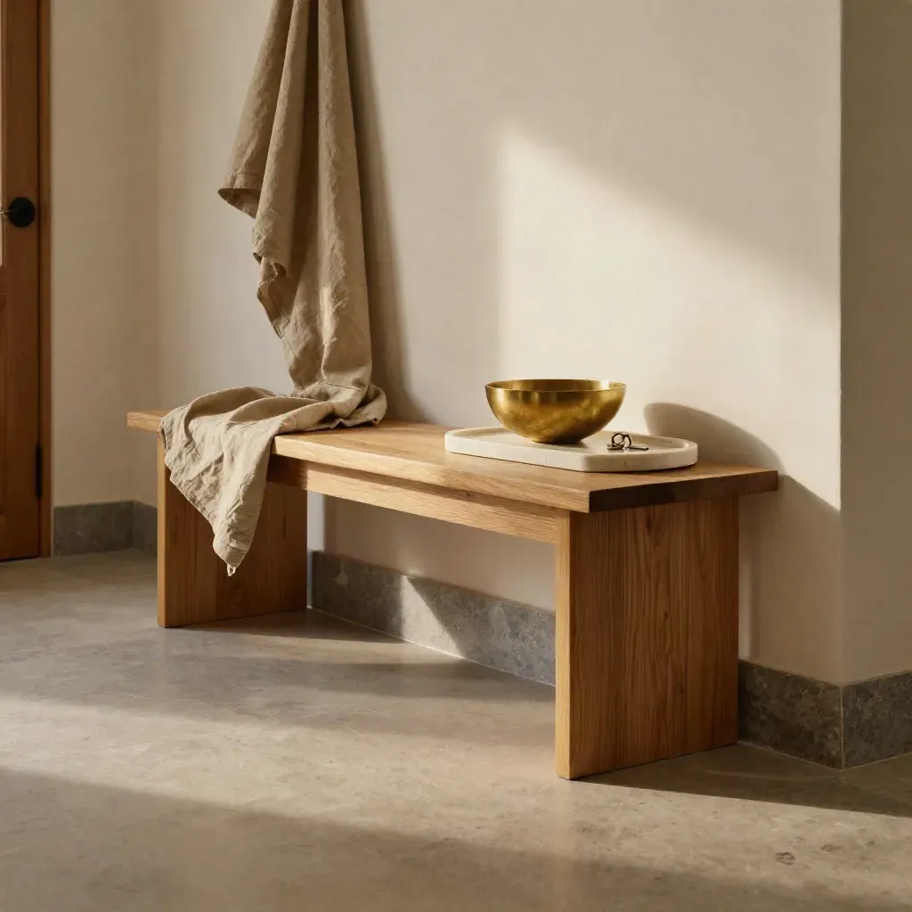 Sunlit staged entry hall with oak bench, linen drape, brass bowl, and calm plaster wall.