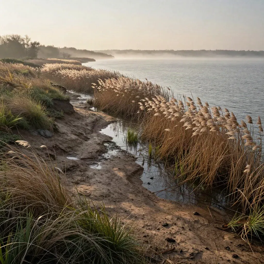 Misty lakeshore bluff with reeds above calm water at dawn for Vista Estates.