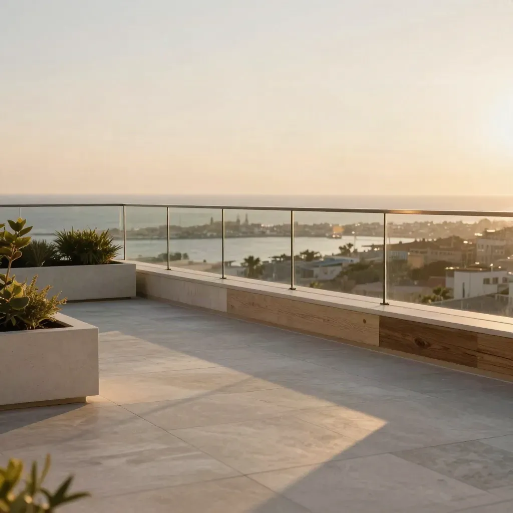 Sunlit rooftop terrace with glass railing, clipped planters, and a hazy harbour view at sunset.