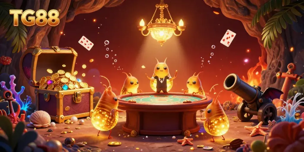 Experience the dazzling TG88 casino environment illuminated by glowworms and a bat dealer.