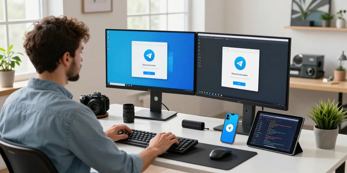 Engaging workspace for Telegram Download preparation, showcasing a developer using dual monitors, tech gadgets, and natural light.