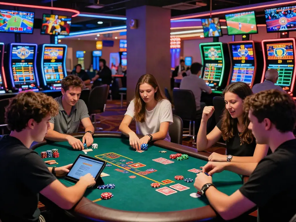 Engaged players at https://ku88v1.com/ exploring thrilling online gambling games in a vibrant casino atmosphere.