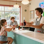 Enjoying cold glass bottle soda at a vintage soda shop.