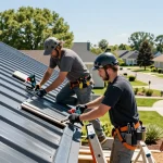 Metal roof contractors installing high-quality standing seam roofing on a suburban home, showcasing professionalism and craftsmanship.