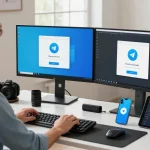 Engaging workspace for Telegram Download preparation, showcasing a developer using dual monitors, tech gadgets, and natural light.