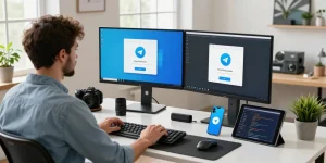 Engaging workspace for Telegram Download preparation, showcasing a developer using dual monitors, tech gadgets, and natural light.