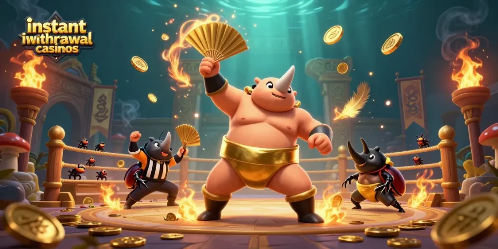Enjoy thrilling action at instant withdrawal casinos featuring vibrant beetle champions and coins flying in the arena.